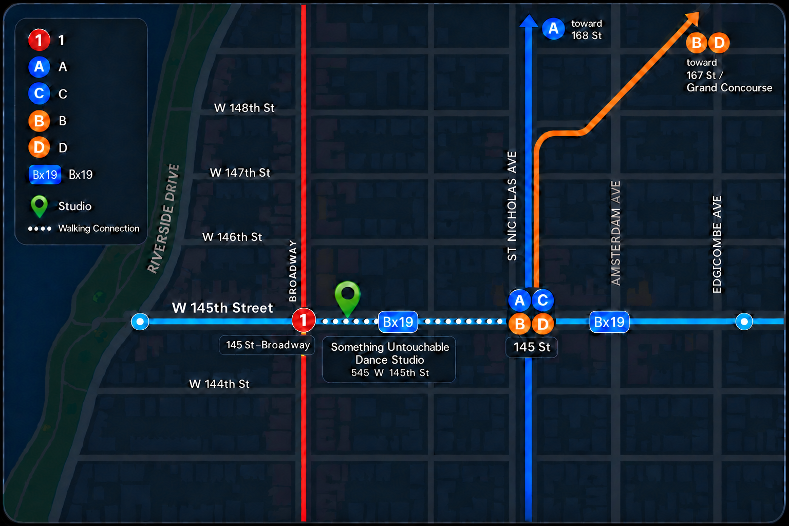 Illustrated transit map showing the 1, A, C, B and D subway lines and the Bx19 bus near the class venue at 545 West 145th Street