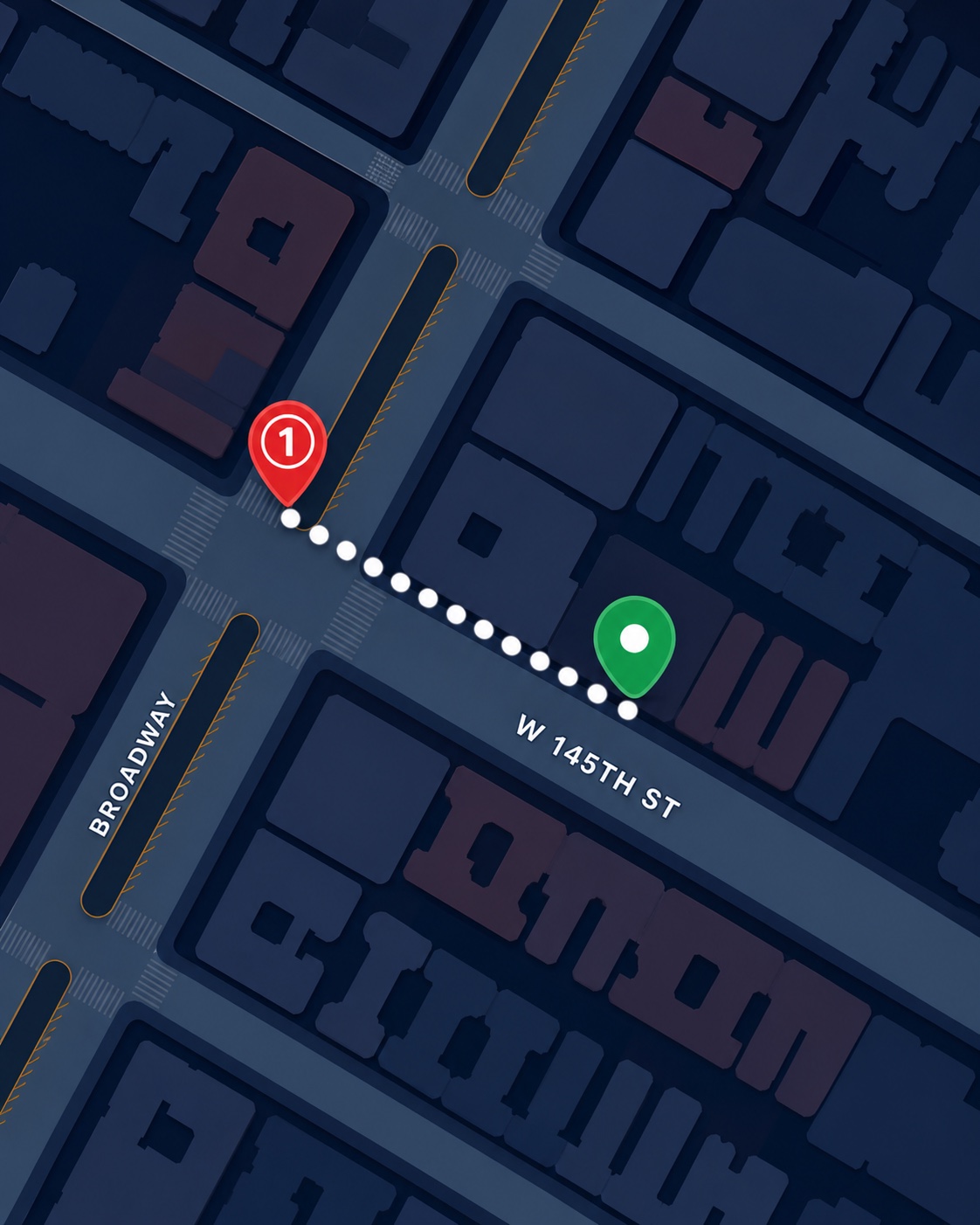 Illustrated walking route from the 145 Street 1 train station at Broadway to the class venue on West 145th Street